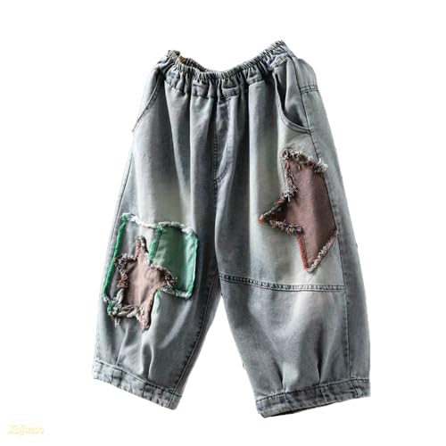 Vintage Color Blocked Five Pointed Star Patch Embroidered Blue Five Pointed Pants Summer Stretch Waist Jeans