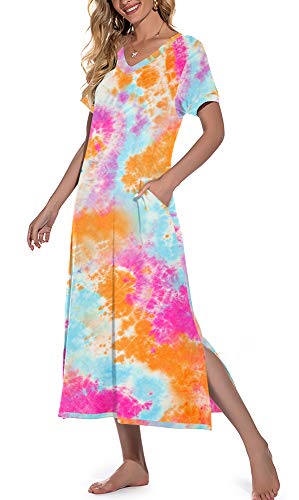 Prinstory Womens Long Nightgown Short Sleeve Nightshirt V-Neck Soft Loungewear Casual Sleepwear With Pockets Colorful Orange-Xx-Large #TOP30