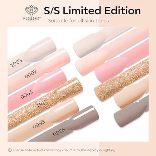 Image of modelones Nude Gel Nail Polish Set, 6 Colors Glitter Neutral Pink Gel Polish Brown Tan All Seasons Skin Tones Soak Off LED Soapnails Manicure Salon DIY Home Starter Kit Holiday Gift for Women Girl