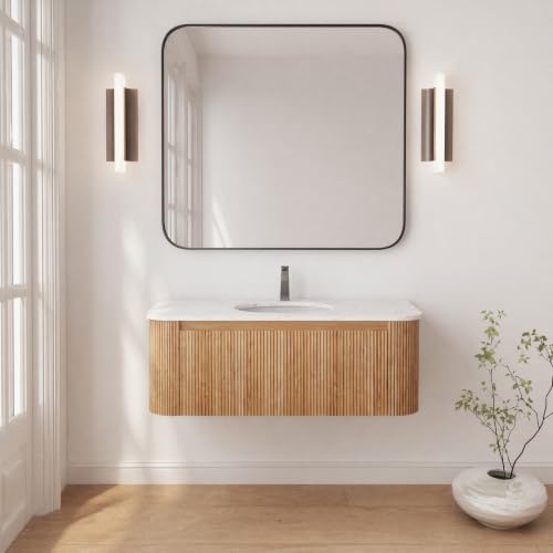 Image of 42 Inch Wall Mounted Bathroom Vanity with Ceramic Sink, Pre-Assembled Floating Vanity Cabinet with Cararra Artificial Countertop, Wave Texture Finish & Drawer, Wood
