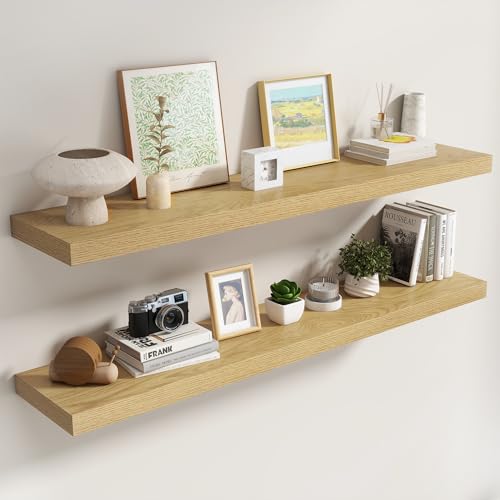 Image of Dreamland 55 Inch Floating Shelves for Wall,8 Inch Deep Floating Shelves,55 inch W x 8 inch D Wall Shelves for Bedroom,Living Room, Kitchen,Bathroom,Oak Color,Set of 2