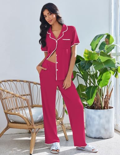 Image of Ekouaer Pajamas for Women Set Button Up Soft Pjs Short Sleeve 2 Piece Lounge Sets Comfy Sleepwear