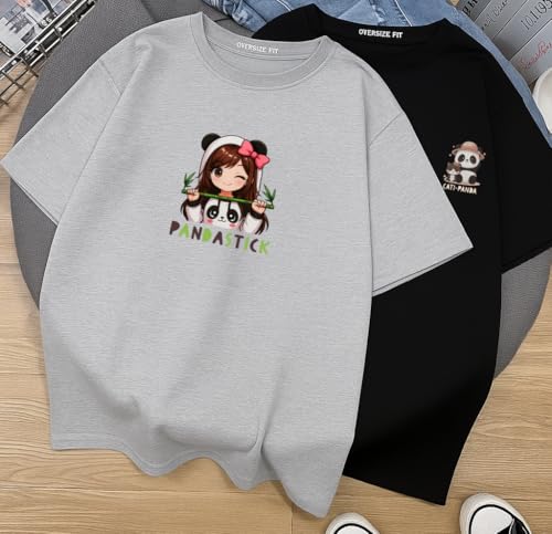 Image of Cotton Blend Drop Shoulder Oversized Baggy Fit Half Sleeve Printed Solid Round Neck T-Shirts Combo for Women & Girls | Pair of 2 T-Shirts |