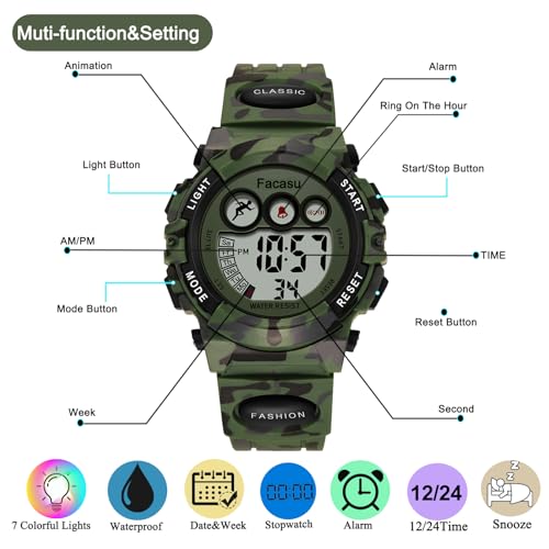 Image of Kids Watch Digital for Boys-Waterproof Kids Sports Watch with Light, Alarm&Snooze,Stopwatch Military Design Silicone Band Gift for Birthdays,Christmas Outdoor Activities(8+ Years)