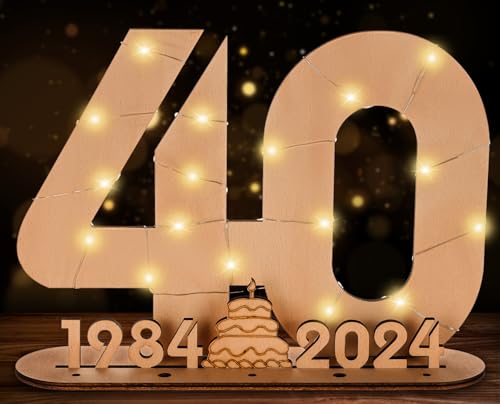 Giftota 2024 Original 40º presente de aniversário mulheres e homens - livro de visitas de madeira com luzes LED - número 40 decorações de madeira - 40 anos presente de dinheiro de madeira - presente