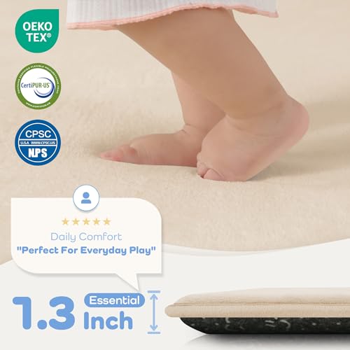 Image of 1.3 inch Thick Baby Bedside Floor Mat for Room, 28x72 Runner Rug, Beige | Memory Mat for Baby to Play on Floor Waterproof Easy Care with Non-Slip Tummy Time Play Mat for Nursery Playroom Classroom