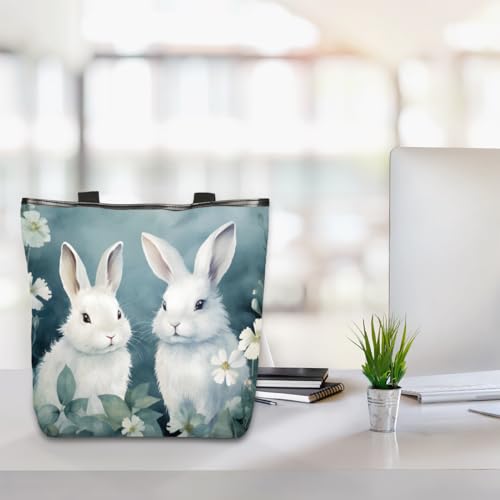 Bunny Rabbit Canvas Tote Bag for Women Large Tote Bag with Zipper & Pockets Canvas Beach Bag Shoulder Bag Reusable Shopping Bags Cute Tote Bags for Work Travel 6
