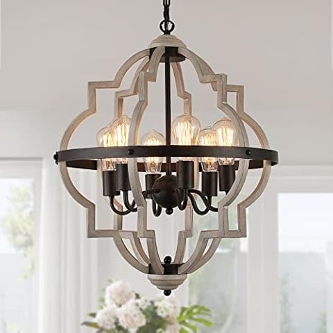 MEIXISUE Farmhouse Rustic Chandelier,ORB+Oak Finish,6-Light Vintage Antique Chandeliers Pendant Light Fixture for Kitchen Dining Room Living Room Entryway Foyer UL Listed Cover