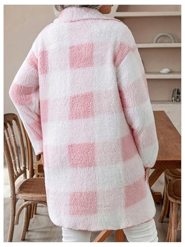 Image of SOLY HUX Women's Plus Size Plaid Cardigan Fuzzy Fleece Lapel Open Front Long Sleeve Outerwear Coat Pink Plaid XX-Large Plus