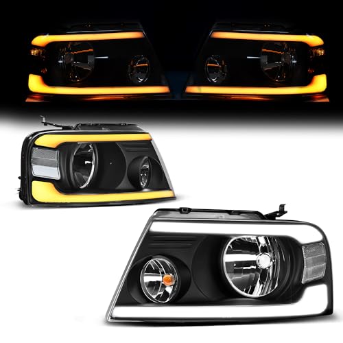 Image of oEdRo Switchback Turn Signal & LED DRL Headlights Compatible with 2004-2008 Ford F150 Pickup / 2006-2008 Lincoln Mark LT Headlamp Replacement Black Housing Clear Reflector Clear Lens