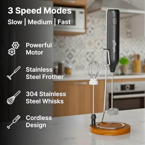 Image of pTron EaseMate Frother Z1 w /Dual Spring & Egg Whisk, 3-Speed Electric Frother for Milk /Coffee, Handheld Stand-up Design, Portable, Rechargeable, Stainless Steel Attachments (Black)