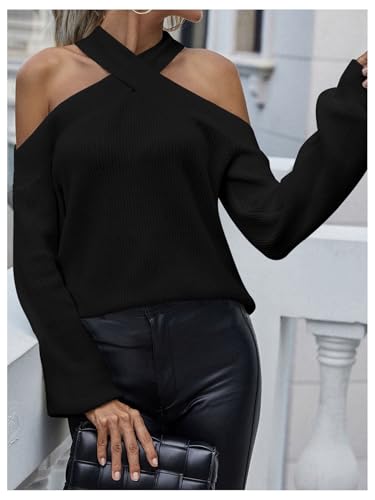 Image of MakeMeChic Women's Off The Shoulder Sweater Halter Criss Cross Knitted Fall Long Sleeve Pullover Sweaters Tops