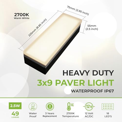 Image of LUMENGY Paver Light 3x9 Inch (2.95x8.85), 2700K Warm White, Glare-Free Brick Lighting for Driveways, Walkways, Pool Decks and Patios, 12V Hardwired, IP67 Waterproof, Drive-Over Rated