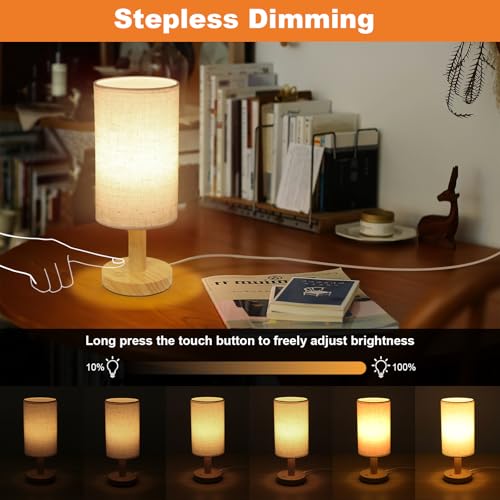 Image of Small Touch Table Lamps Set of 2 with Stepless Dimming&USB Plug, Natural Round Wood Base & Linen Fabric Shade |Soft Ambient Night Light |Minimalist Boho Bedside Lamp for Bedroom,Nursery,Kitchen,Dorm