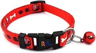 Woofy 15MM Pets Paw Printed Adjustable Length Collar Belt with Bells Soft Nylon Collar for Small Dogs, Puppies and Cats (Red)