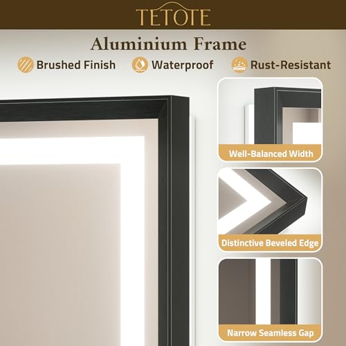 TETOTE 48 x 30 Large Bathroom Mirror Brushed Black Metal Frame Frontlit & Backlit Vanity Mirror 3 Colors White/Warm/Natural Stepless Dimmable Anti-Fog Bathroom Mirrors for Vanity Wall-Mounted