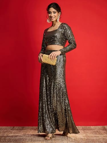 Image of WomenBlack With Golden Sequence Crop Top With Fish Cut Skirt -L
