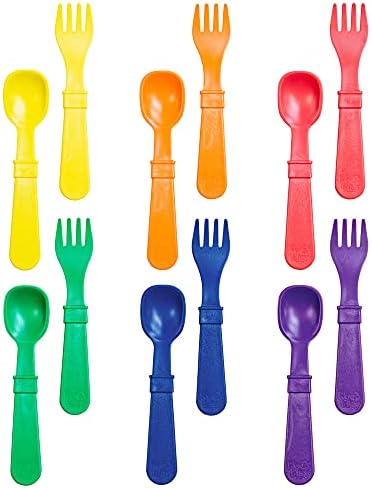 RE-PLAY Made in USA 12pk Fork and Spoon Utensil Set for Baby & Toddler Feeding in Yellow, Red, Navy, Amethyst, Green & Orange |BPA FREE| Made of Eco Friendly Recycled Milk Jugs| Crayon Box