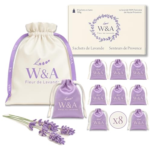 Sachets de Lavande Premium en Satin (8 pcs) | Lavande Naturelle de Provence | Anti-Mites & Désodorisant d’Armoire | Coffret Cadeau Élégant avec Pochette...