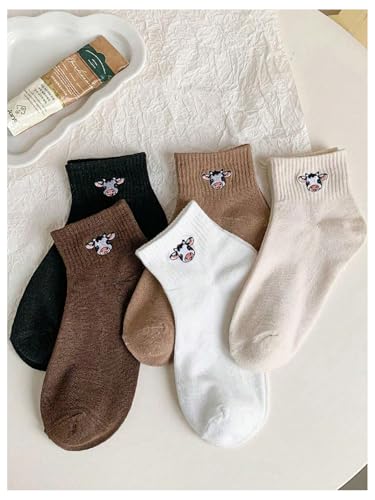 WDIRARA Women's 5 Pairs Cartoon Bear Embroidery Socks Casual Comfy Crew Socks2