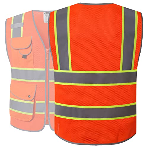 Image of JKSafety 9 Pockets Hi-Vis Reflective Safety Vest | Mesh Fabric | Fluorescent Orange Color with Neon Yellow Extended Trims | ANSI /ISEA Compliance (100-Orange, XL)
