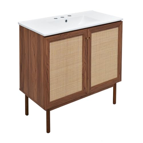 Image of Swiss Madison Classe 36 in. Brown Oak Bathroom Vanity with White, 3-Hole Ceramic Sink Top
