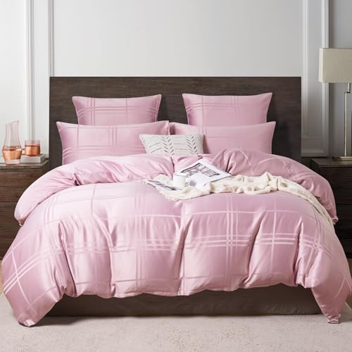 YASMENG Ropa de cama de satén de 135 x 200 cm, color rosa a cuadros, juego de funda nórdica suave y sedosa con cremallera y funda de almohada de 80 x 80 cm