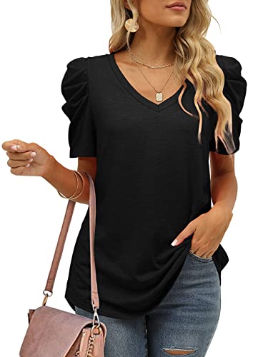 XIEERDUO Womens Summer Shirt V Neck Casual Tshirts Puff Sleeve Tops for Women Solid Color XS-3XL2