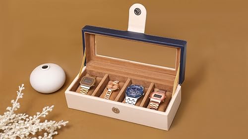 Image of Leather World Faux Leather Watch Box Organizer For Men & Women - Wrist Watch Box Holder 4 Slots - Removable Pillows Display Case - Gift for Loved Ones - Tan
