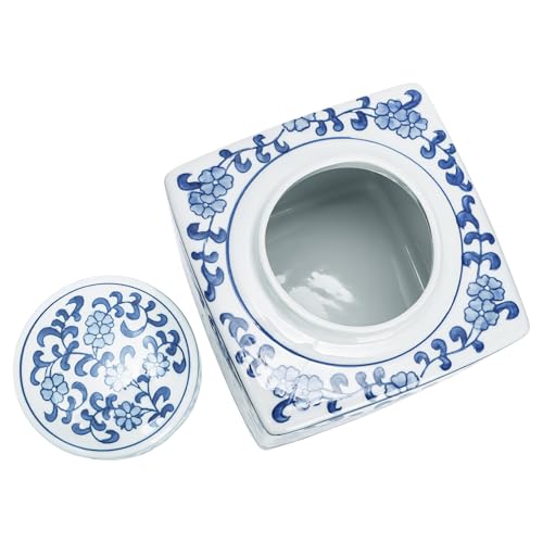Image of Goaste Square Ceramic Ginger Jar with Lid, 8.2 Inch Blue and White Ginger Jars Decorative, Chinoiserie Porcelain Flower Vase, Handmade Large Floral Canister for Home Decor, Office, Table Centerpieces