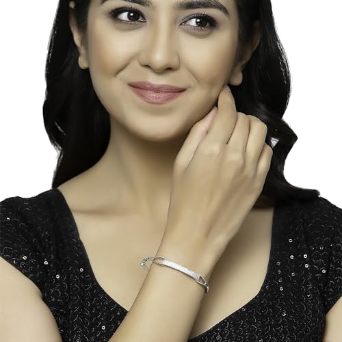 Image of ZENEME Rhodium-Plated Silver Toned American Diamond Openable Hinged Kada Bracelet for Women & Girls | CZ Studded Designer Hand Jewellery