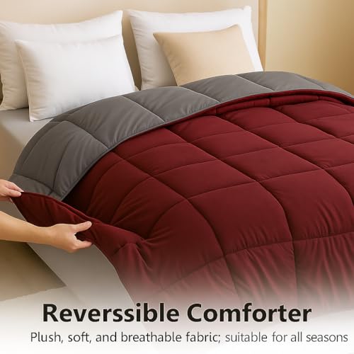 Image of Bed Comforter - Single Size - Elegant Dark Grey & Burgundy - 300 GSM Quilt Blanket Rajai - Winter Warm Down Alternative Duvet Insert with Corner Ties
