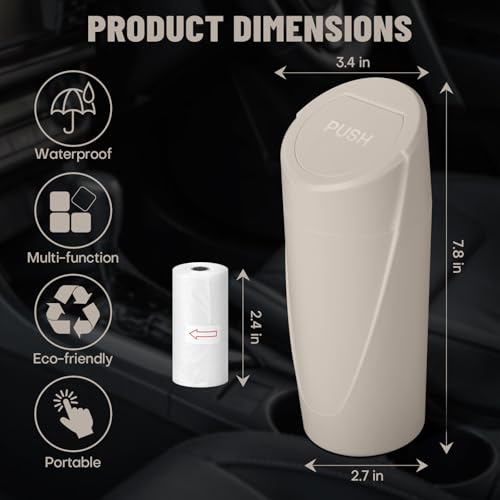 Image of Car Trash Can Bin with Lid - 2 Packs Car Garbage Can Cup Holder-Light Beige Mini Leakproof Vehicle Garbage Bin with 40pcs Trash Bags-Automotive Organizers and Storage for Front Back Seat Accessories
