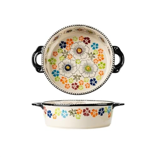 Microondas Platos de horneado en casa de gran capacidad y alta temperatura, vajilla Vintage bajo vidriado, plato de cena profundo con mango para regalo de boda(19cm)