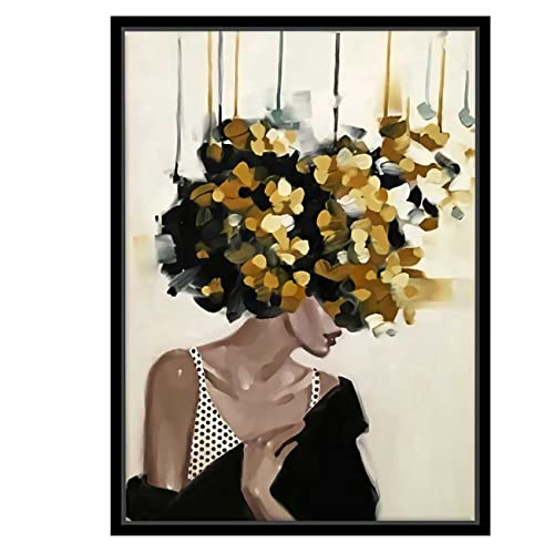 Image of PAINTINGMANTRA Mid Night Gold Girl With Flower Bouquet Black Framed Canvas Print for Wall, Home and Living Room Decoration (Size - 23 x 17 Inchs)