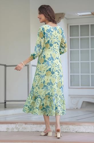 Image of Janasya Women's Light Green Georgette Floral Printed A-Line Dress