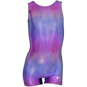 Destira Gymnastics Unitard for Girls, Vibrant Biketard w/Colorful Shimmering Foil Finish & Matching Scrunchie
