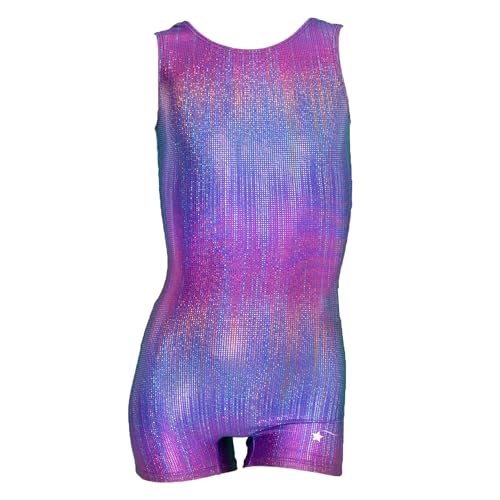 Destira Gymnastics Unitard for Girls, Vibrant Biketard w/Colorful Shimmering Foil Finish & Matching Scrunchie