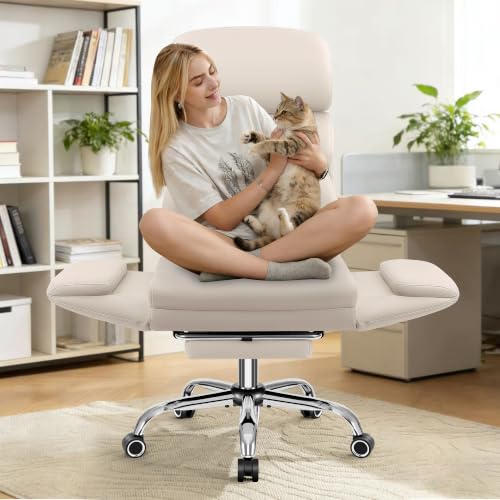 Image of High Back Executive Office Chair 500LBS Big&Tall, Ergonomic Recline Swivel Chair Adjustable Armrest Footrest, Beige