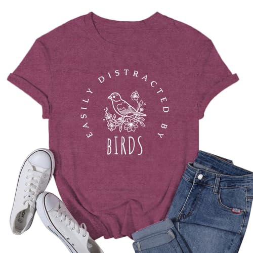VQD Bird Shirt for Women Easily Distracted by Birds Tshirt Birdwatching Birdwatcher Tee Tops DarkRed