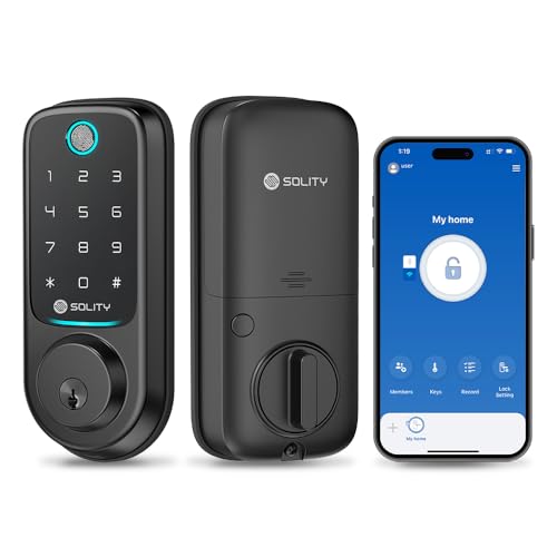 Solity No-Hub Smart Digital Door Lock, 5 in 1 Keyless Entry, Fingerprint, Wi-Fi, Remote Control, Touchscreen Keypad,Auto Lock, IP54 Waterproof (Matt Black, Biometric)