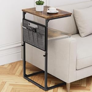 Vagusicc C Shaped End Table, 33” Tall Side Table for Couch, Adjustable Height Small Couch Side Table for Small Spaces, End Table Slide Under Sofa Table TV Tray Table Arm Table for Living Room, Brown
