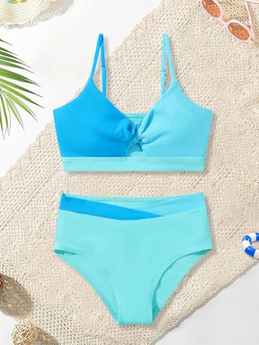 Image of Girls Swimsuit Color Block Twist Bathing Bikini Suit Adjustable Straps Girls 2 Piece Swimsuit 7-14 Years