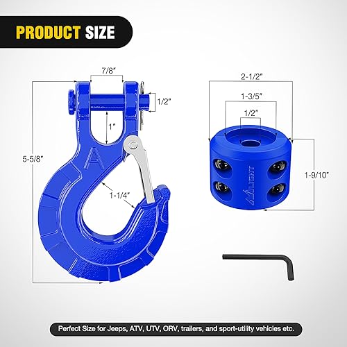 Image of Nilight Forged Steel Winch Hook 3 /8 inch Grade 70 Safety Latch Winch Cable Hook Stopper & Clevis Slip Hook Sets, Included Allen Wrench,Max 35,000 lbs, Blue