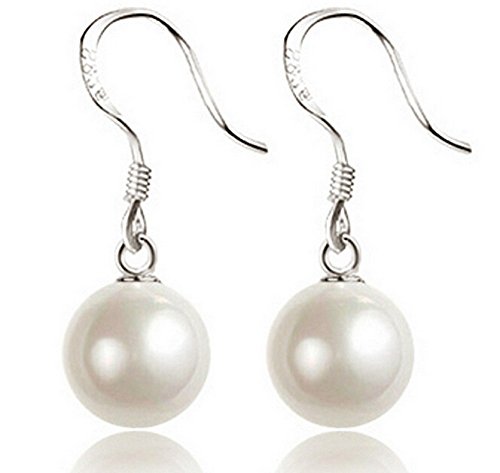 fletion Mujer Elegante Pendientes de perlas plata de ley 925 perlas redondas plata de cadena pendientes colgante pendientes drop Earring Para brauthochzeits regalo de cumpleaños