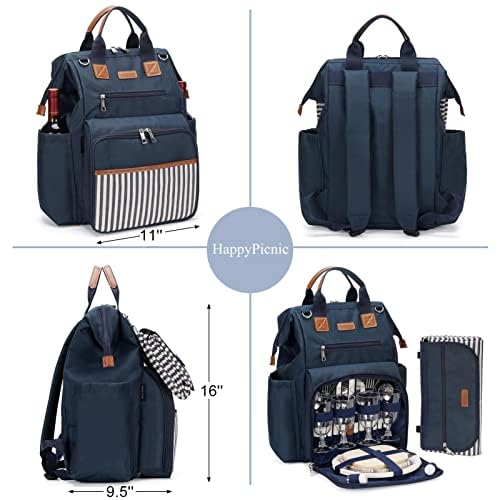 Zaino da picnic grande capacità 4 piatti scomparto termico 22,9 cm manico legno posate coperta impermeabile blu navy