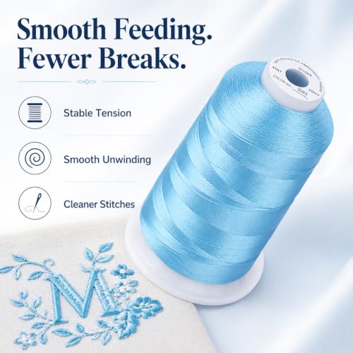 Image of Simthread 5500Yds /5000M 40WT Polyester Embroidery Thread Med Lt Blue S063 | High-yardage 5000M spool offers smooth feeding and stable 40WT polyester thread for home and commercial embroidery machines.