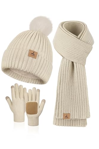3 in 1 Winter Set, Womens Padded Beanie with Pom Poms Knitted Longe Scarf Leather and Fleece Lined Touchscreen Gloves Oatmeal