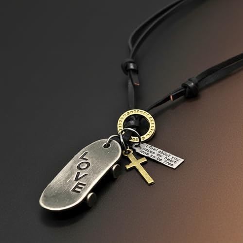 Image of THE MEN THING SILVER SKATE LOVE - 2-Inch Pure Stainless Steel Pendant with Adjustable Dark Brown Leather Rope for Men & Boys