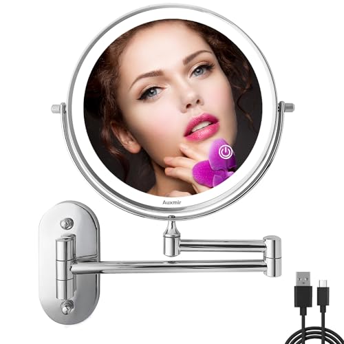 Auxmir Espejo Maquillaje con Luz Recargable, Aumento 1X/10X Doble Cara Giratorio 360, Espejo Baño Pared Extensible Táctil con USB, 3 Colores Brillo Regulable, para Hotel, Plata